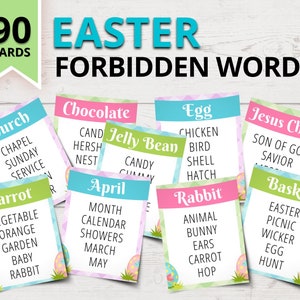 Op de afbeelding: 90 spelkaarten met een paasthema met woorden die te maken hebben met Pasen, zoals "Kerk", "Wortels", "Ei", "Jelly Bean", "April", "Konijn", "Jezus Christus" en "Mand".