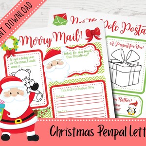 May include: Printable Christmas penpal letters with a red and white Santa Claus, a teddy bear, a present, and a penguin. The letters include prompts for writing a Christmas story, what you want for Christmas, and a drawing of a present.