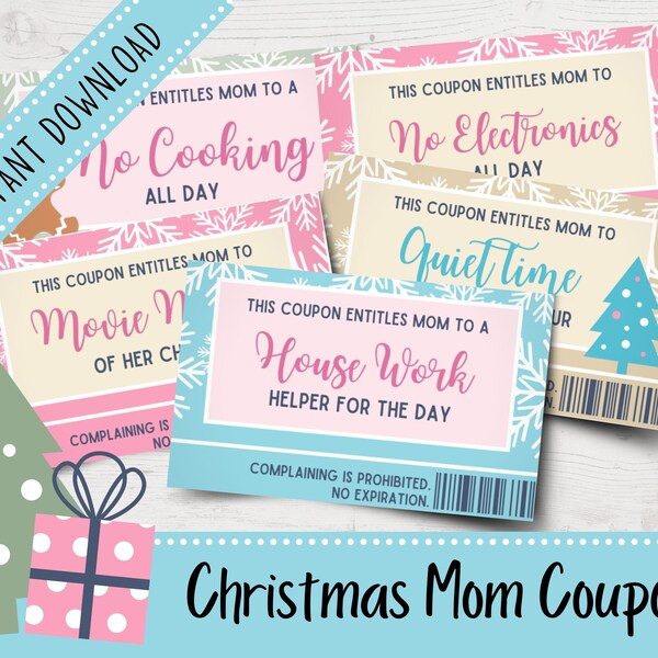 Christmas Coupons for Mom | Mom Coupon Book | Christmas Gifts for Mom | Christmas Stocking Stuffers for Mom | Printable Coupons