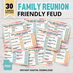 May include: A set of 30 Family Reunion Friendly Feud game cards featuring survey questions and point values. The cards have a colorful striped border and include text such as Name a side dish you might have at a family barbecue and Name a game you might play during a family reunion field day. This is an instant digital download.