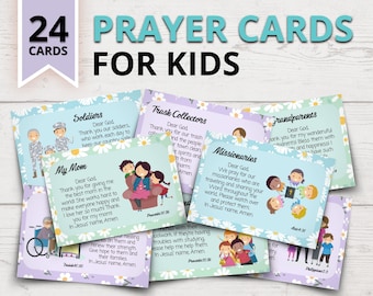 May include: A set of 24 colorful prayer cards for kids featuring different professions and roles, such as soldiers, trash collectors, missionaries, and grandparents. Each card has a simple illustration and a short prayer.