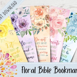 Könnte beinhalten: Satz von sechs floralen Bibellesenzeichen mit Aquarelldesigns und inspirierenden Zitaten. Die Zitate beinhalten "Lasst alles, was ihr tut, in Liebe geschehen", "Er zählt die Sterne und kennt sie alle mit Namen", "Macht euch keine Sorgen um morgen, morgen wird sich um sich selbst kümmern", "Widmet euch dem Gebet, seid wachsam, seid dankbar", und "Lasst euren Glauben größer sein als eure Ängste".