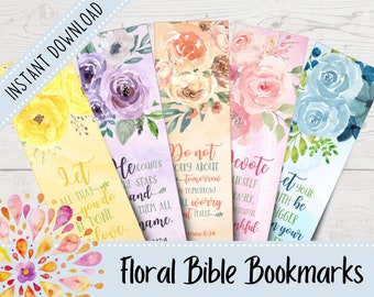 | IMPRIMABLE Versets floraux de la Bible Signets | Aquarelle Art Écriture Signets | | de signets chrétiens | des dons chrétiens Ensemble de signets de 5
