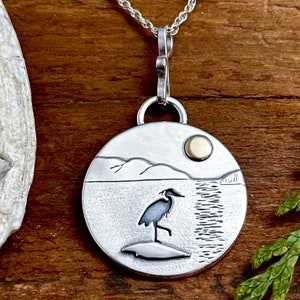 Heron Necklace, Sterling Silver, 25 mm Pendant, 14k Gold Sun, West Coast, Ocean Scene, Handmade Jewellery Gift, Nature Lover