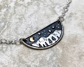 Mountain Night Necklace, Sterling Silver 14k gold crescent moon, Handmade by Veritas Designs