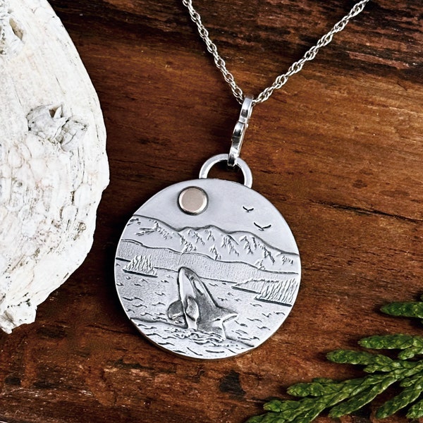 Colgante de plata esterlina con forma de orca, hecho a mano individualmente, oro de 14 k, joyería del océano, collar de orca, diseño original de VeritasSilver
