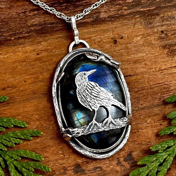 Labradorite Raven Necklace, Sterling Silver,  Handmade