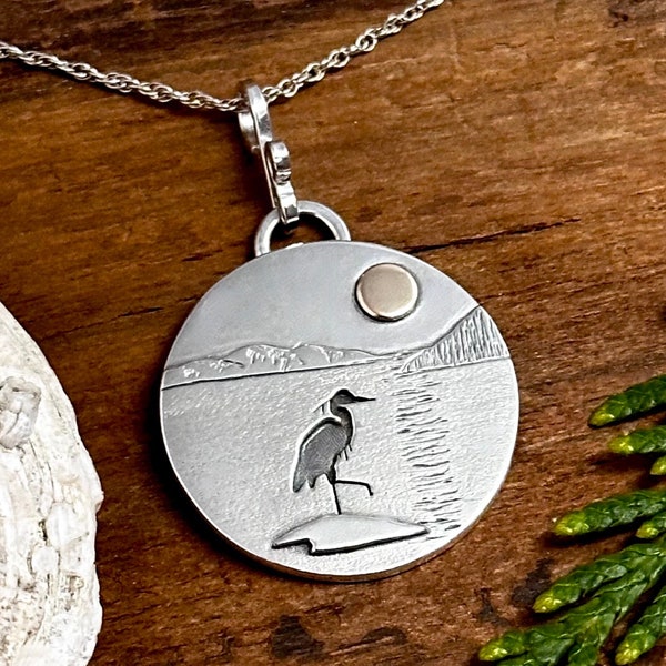 Heron Necklace, Sterling Silver, 28 mm Pendant, 14k Gold Sun, West Coast, Ocean Scene, Handmade Jewellery