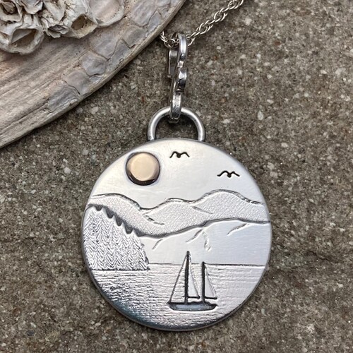 Sailboat Sterling Silver 25 mm shops Pendant Necklace, West Coast Mountain Shore, 14k gold sun, Handmade Jewellery by Veritas Designs