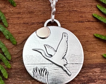 Heron Necklace, Sterling Silver, 28 mm Pendant, 14k Gold Sun, West Coast, Ocean Scene, Handmade Jewellery
