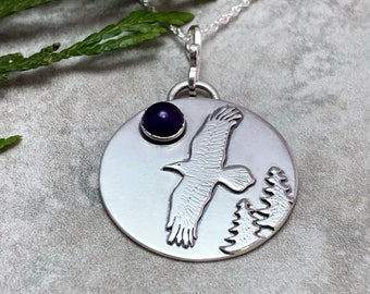 Raven Pendant, Sterling Silver Necklace, Amethyst, Jewellery Handmade by Veritas Designs