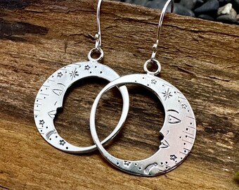 Crescent Moon Hoop Earrings, Sterling Silver, Luna Face, Handmade Jewellery by Veritas Designs