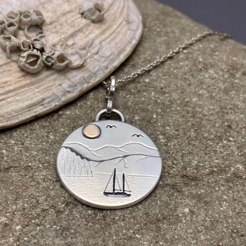 Sailboat Sterling Silver 25 mm shops Pendant Necklace, West Coast Mountain Shore, 14k gold sun, Handmade Jewellery by Veritas Designs