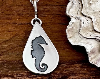 Seahorse Necklace - Oxidized Sterling Silver, Drop Pendant, Handmade Jewellery