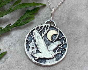Forest Owl Necklace, Sterling Silver Pendant, Handcrafted Shadowbox, 14 k Gold Crescent Moon - Jewellery by Veritas Silver Designs