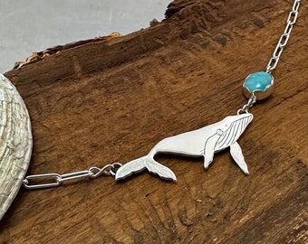 Humpback Whale, Sterling Silver Pendant, Amazonite Stone Necklace, Hand Cut and Engraved, Handmade Jewellery by Veritas Designs