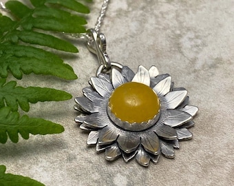 Sunflower Pendant, Sterling Silver Necklace, Yellow Jade Stone, Handmade Jewellery, Veritas Silver Designs, Spring Gift, Mother's Day