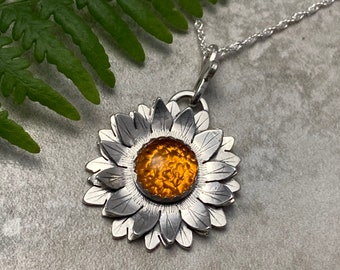 Sunflower Pendant, Sterling Silver Necklace, Amber Stone, Handmade Jewellery, Veritas Silver Designs, Summer Gift