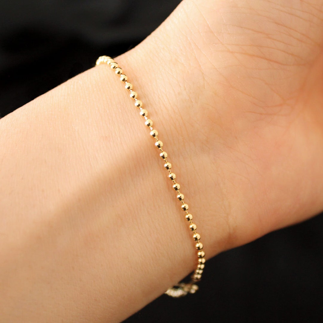 2mm Beads Ball Chain Link 14K Yellow Real Gold Luxury Pretty Daily