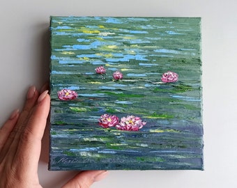 Lotus Flower Oil Painting: Textured Impasto Floral Art (5.9x5.9 in)