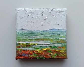Miniatur Herbst Landschaft Ölgemälde: Strukturierte Tiny Art (10,5x10,5 cm)