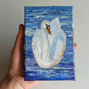 Swan oil painting original bird art on mini canvas 4x6