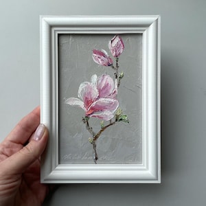 Mini pintura al óleo original de Magnolia, obra de arte enmarcada, 4 x 6 pulgadas