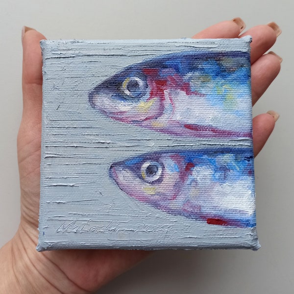 Sardine painting on mini canvas original fish wall art for tiny house decor and fishing gift