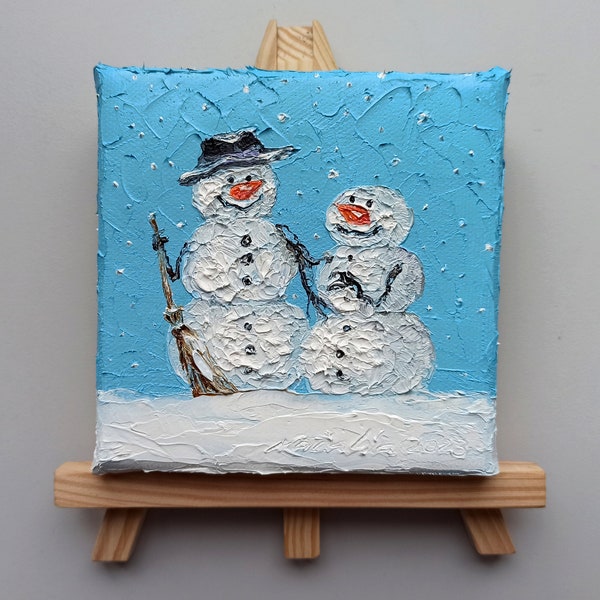 Snowman painting, mini canvas art - tiny artwork with easel for fireplace christmas decor, desk decor or gift.