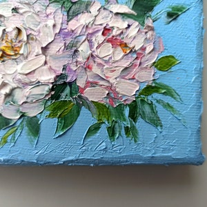 Whimsical mini canvas art of peony flowers, light blue tiny original oil painting with 3d texture perfect gift for her image 7