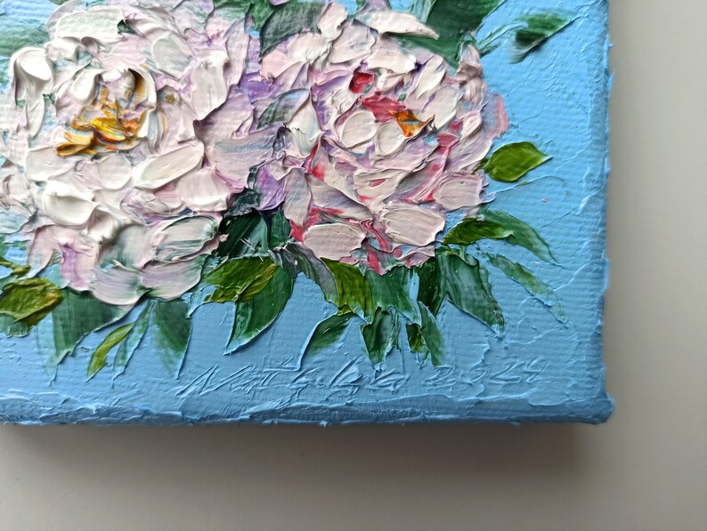 Whimsical mini canvas art of peony flowers, light blue tiny original oil painting with 3d texture perfect gift for her image 7