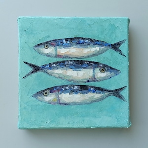 Original Sardines Oil Painting: Abstract Fish Art on Canvas 6x6