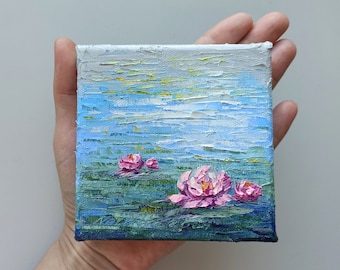 Water lilies mini painting original art on canvas, textured painting - unique gift for her