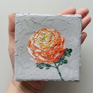 Flower oil painting 4x4 on mini canvas, original art for minimalist decor