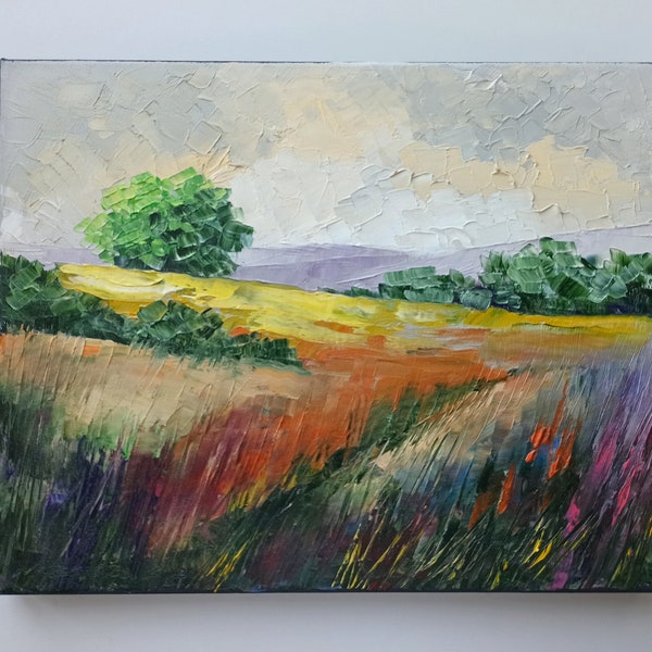 Wildflower field oil painting original abstract art, textured painting on canvas