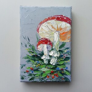 Mini painting of mushrooms on canvas original artwork for Halloween or fairycore wall decor image 2