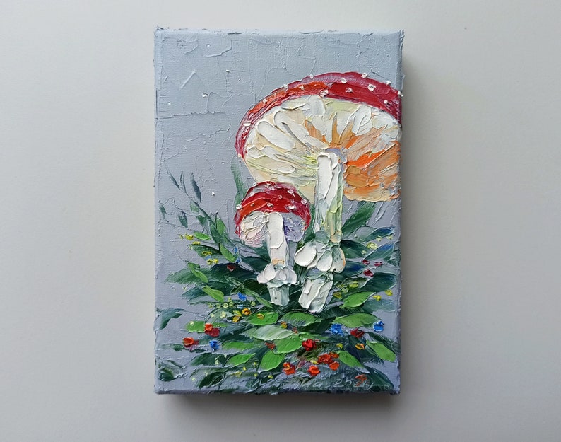 Mini painting of mushrooms on canvas original artwork for Halloween or fairycore wall decor image 2