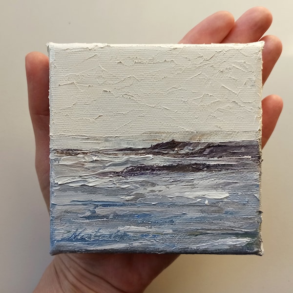 Seascape mini oil painting on tiny canvas, original wall art, palette knife art 4x4 - unique modern wall decor and gift
