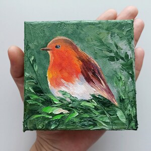 Robin bird oil painting mini canvas art, tiny original artwork