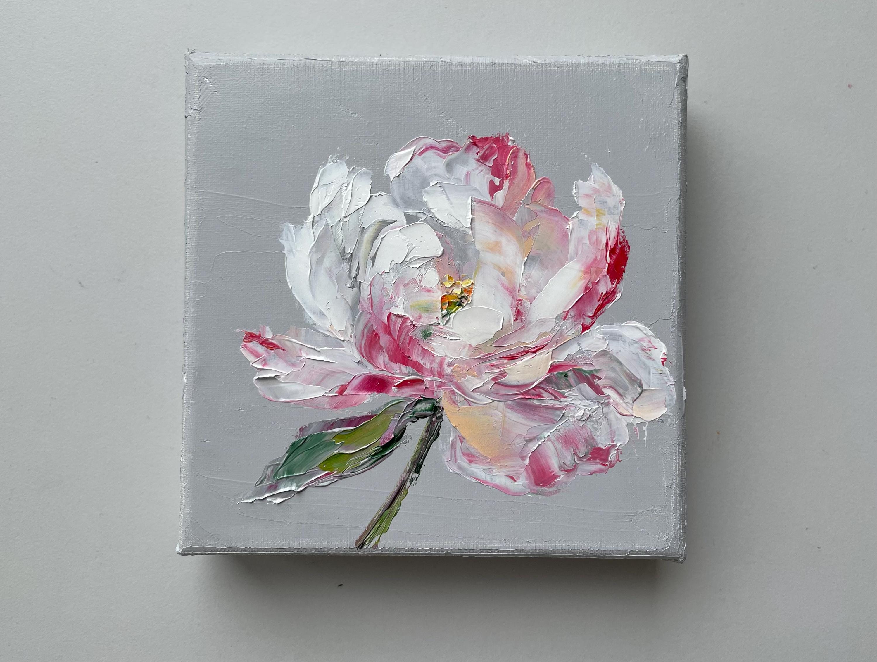 ミニチュア牡丹油絵：テクスチャーのある花のアート、4x4