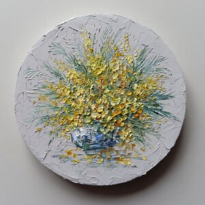 Flowers in vase painting of mimosa on round canvas, original art for gift for her and wall decor