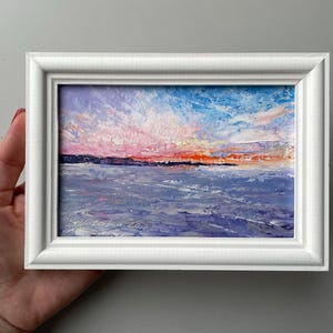 Mini peinture à l'huile originale de paysage marin de coucher du soleil, art encadré