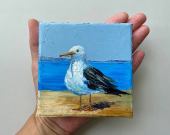 Seagull Painting: Original Mini Seascape Art, Textured Oil on Canvas