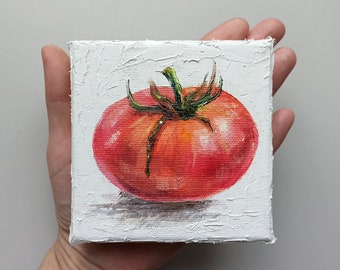 Tomato oil painting on mini canvas, original tiny painting for small kitchen wall decor