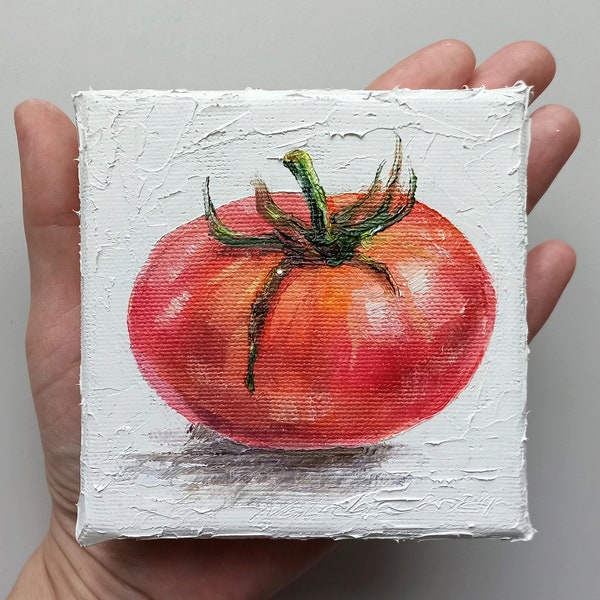 Tomato oil painting on mini canvas, original tiny painting for small kitchen wall decor