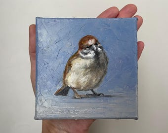 オリジナル油絵スズメ作品 4 x 4インチ、小鳥アート、額装済み自然