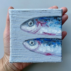 Sardine painting on mini canvas original fish wall art for tiny house decor and fishing gift