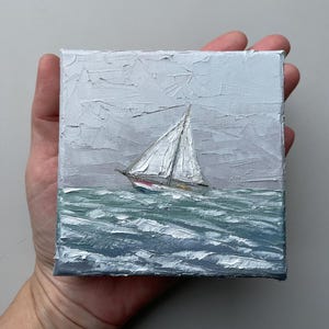 Sailboat painting on mini canvas seascape original artwork for nautical wall decor image 1