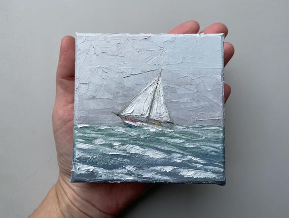Sailboat painting on mini canvas seascape original artwork for nautical wall decor