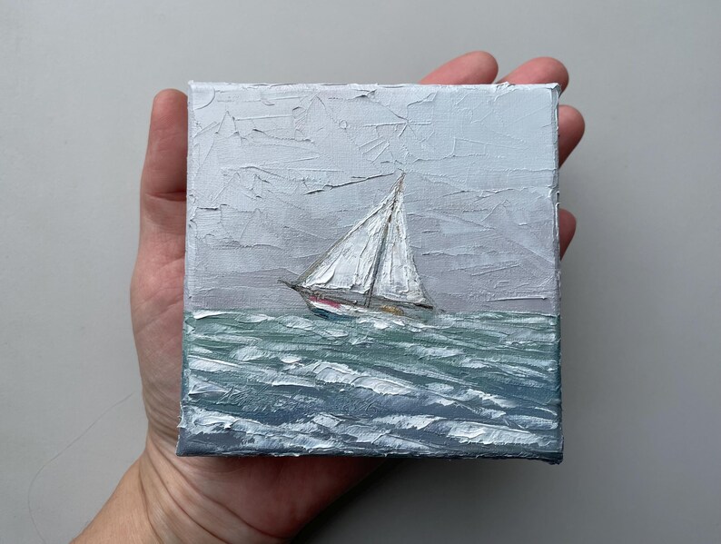 Sailboat painting on mini canvas seascape original artwork for nautical wall decor image 1